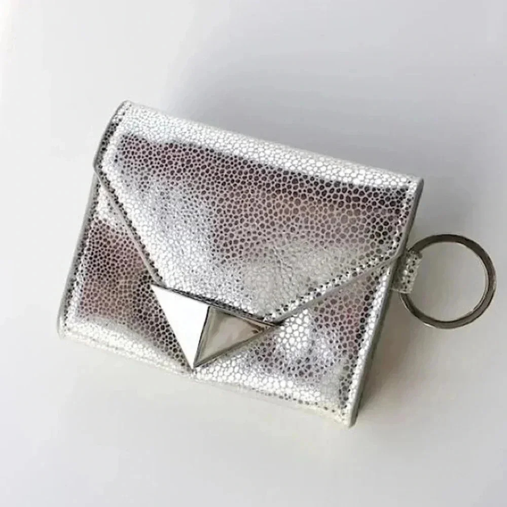 Card Wallet Envelope Keychain Silver Vegan Leather